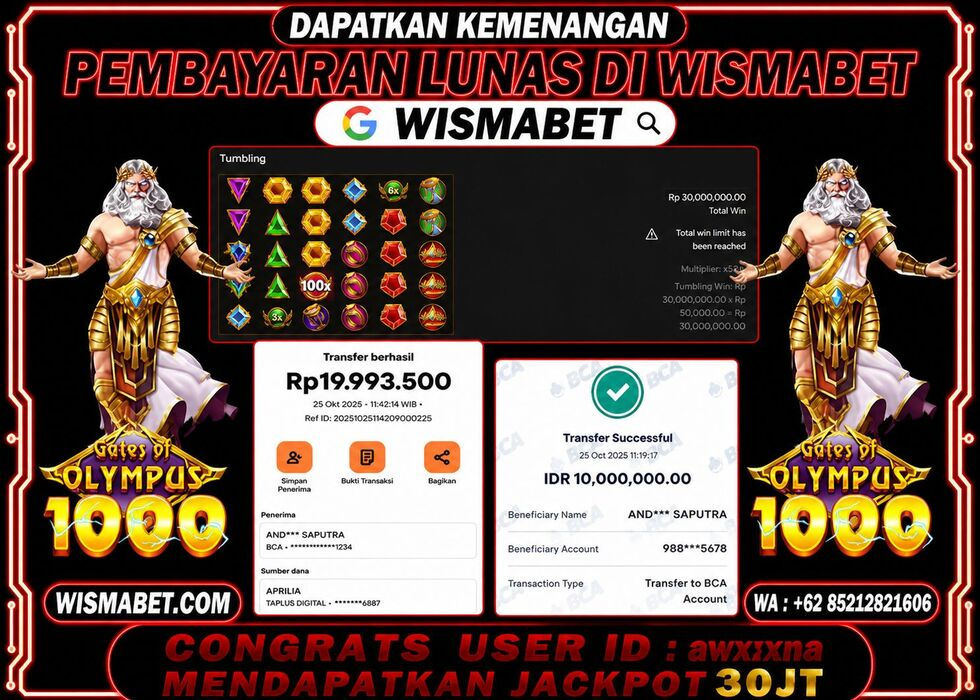 Wismabet - BUKTI KEMENANGAN Gates Of Olympus 1000x Rp30,000,000,- LUNAS